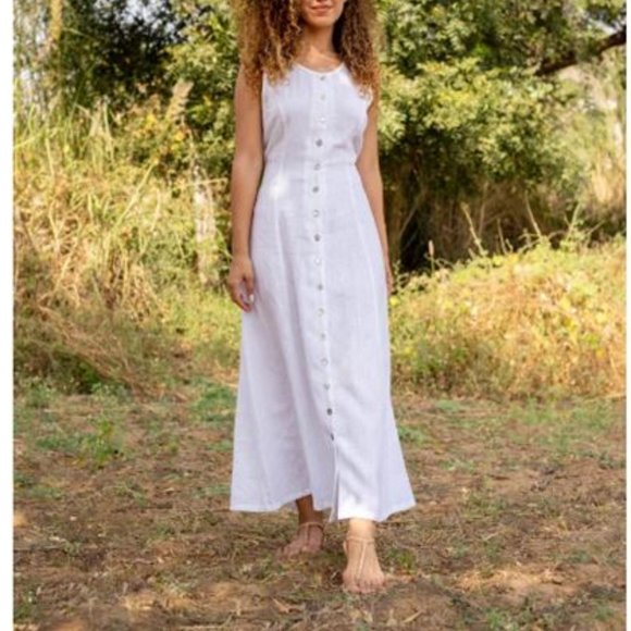 Navy Blue Maxi Dress with Buttons - 100% Linen - Picture 2 of 8